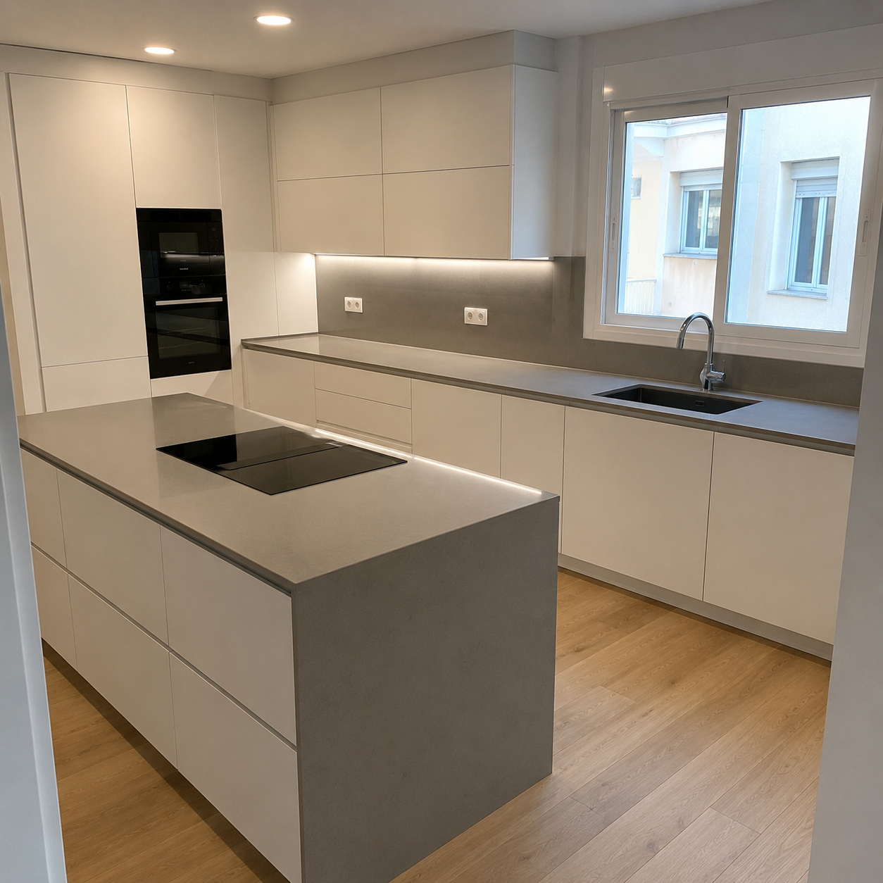 Cocina abierta con isla central, frentes blancos mate y encimera de cuarzo gris