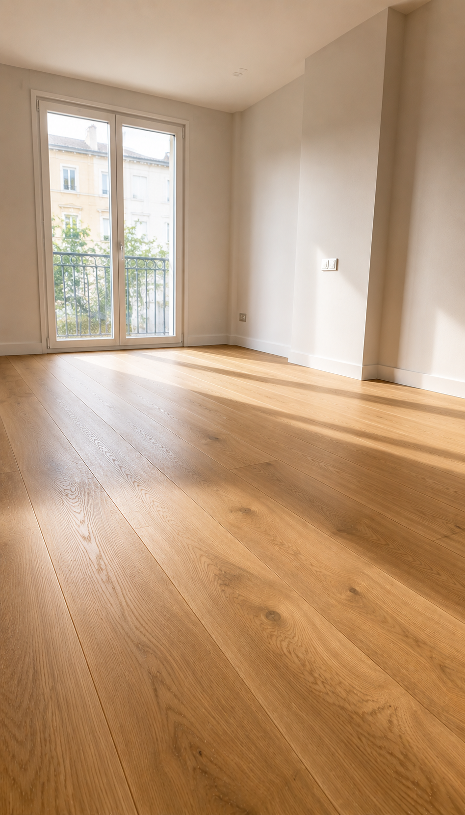 Dormitorio iluminado con tarima multicapa de roble natural recién instalada