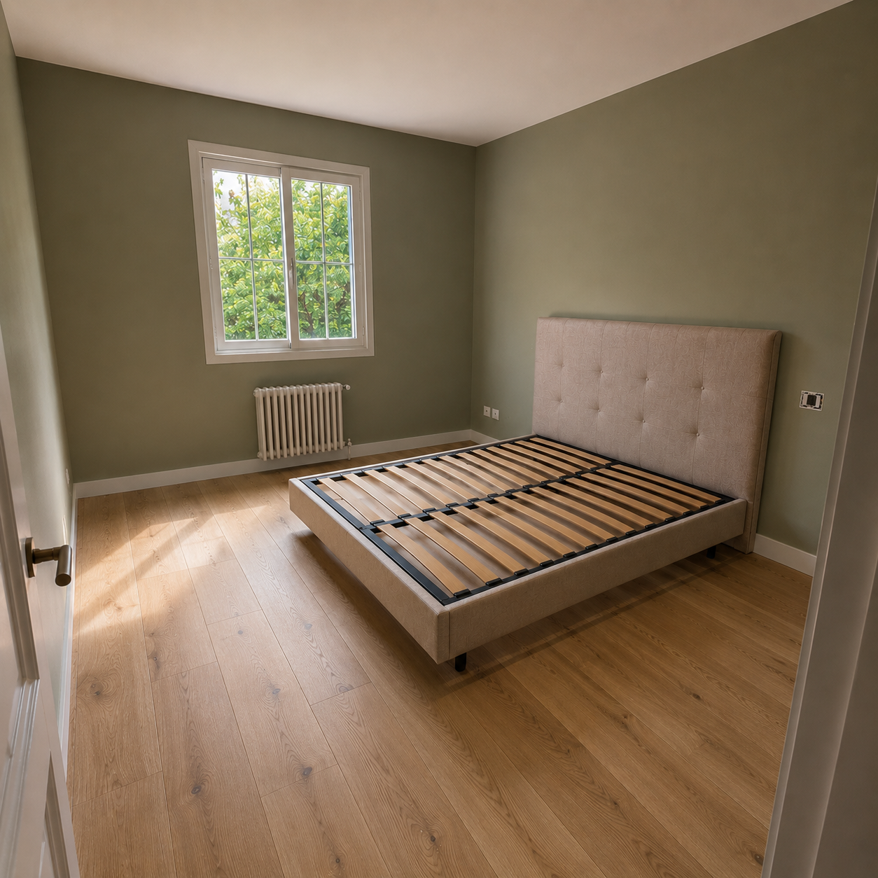 Habitación recién pintada en tono verde oliva cálido con acabado mate de alta calidad