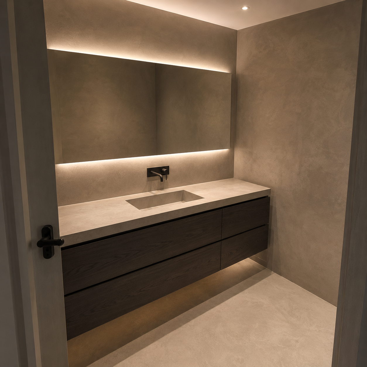 Baño moderno con microcemento en paredes y mueble de madera oscura