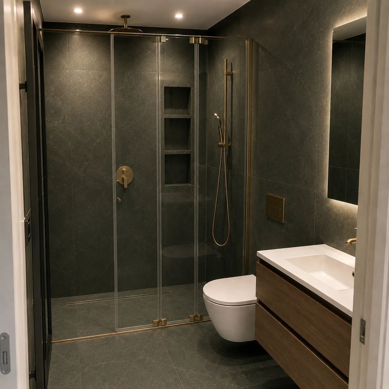 Baño de lujo con ducha empotrada, azulejos de gran formato en verde oscuro y griferías doradas